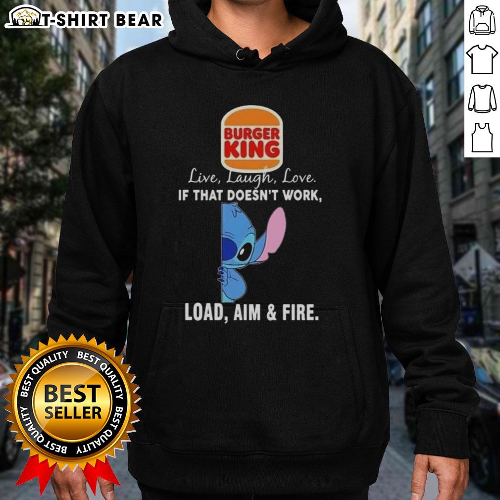Alt Text: Happy Stitch X Burger King hoodie featuring 'Live Laugh Love' and 'Load Aim and Fire' designs for a trendy look.