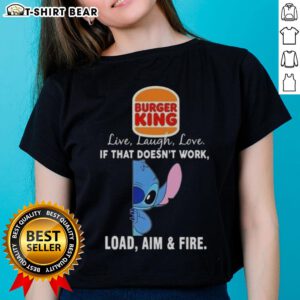 Happy Stitch X Burger King ladies tee featuring 'Live Laugh Love' slogan with playful graphics, perfect for casual wear.