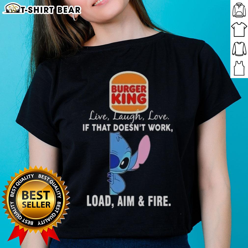 Happy Stitch X Burger King ladies tee featuring 'Live Laugh Love' slogan with playful graphics, perfect for casual wear.