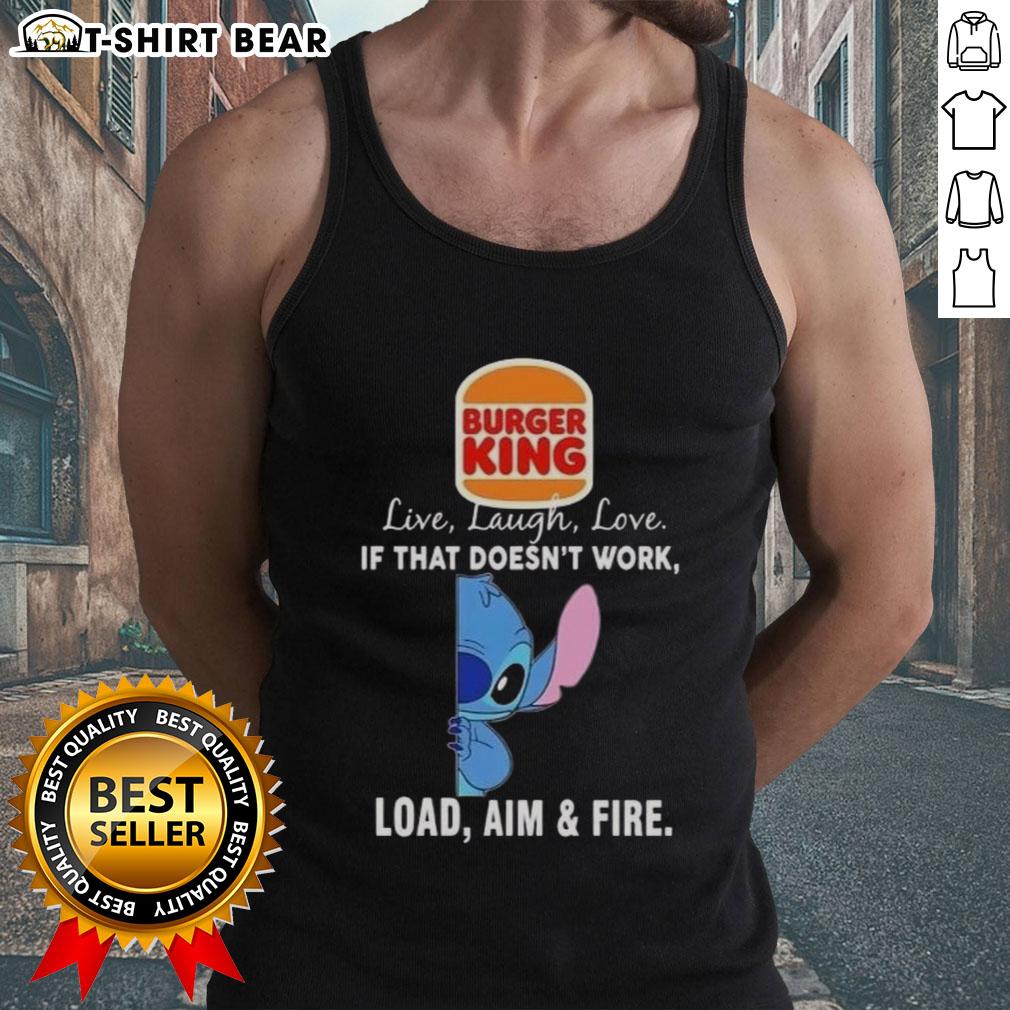 Happy Stitch x Burger King tank top featuring 'Live Laugh Love' and 'Load Aim and Fire' designs in vibrant colors.