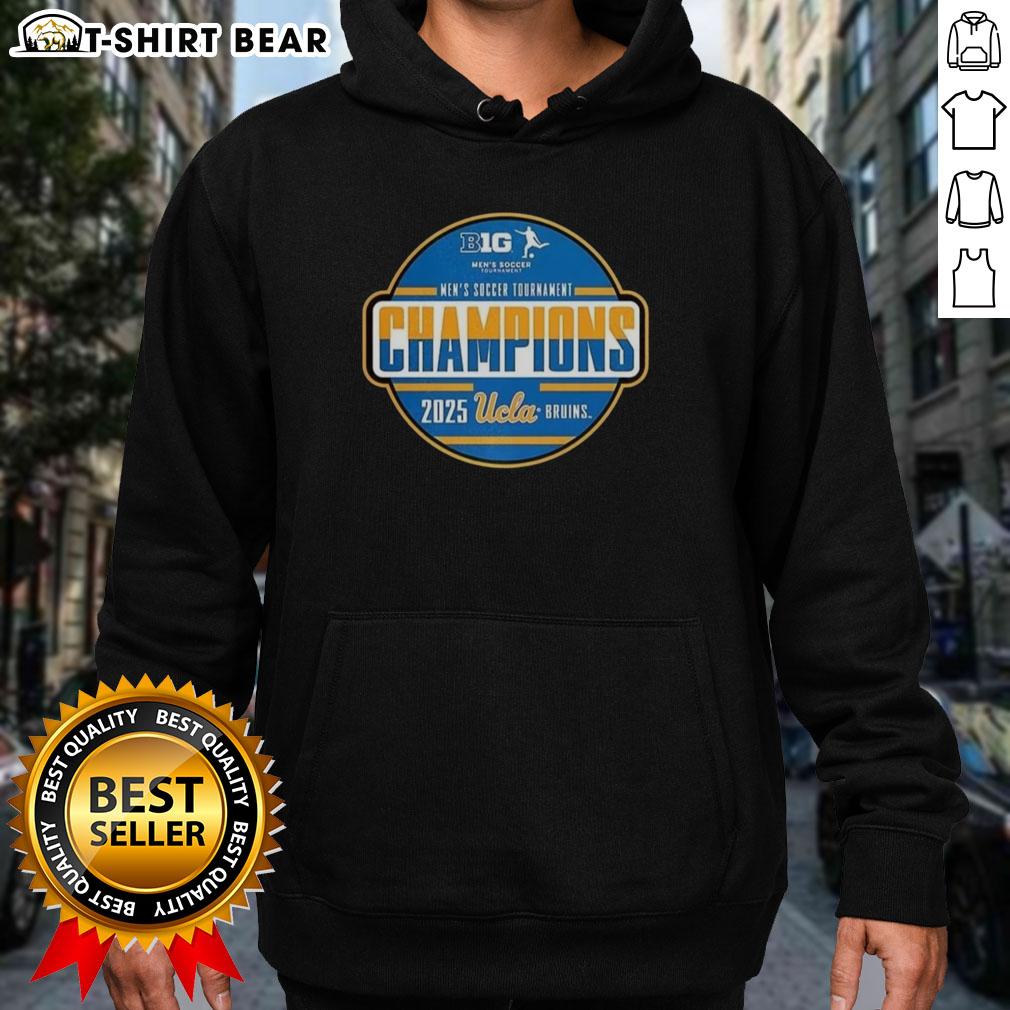 UCLA Big Ten Men's Soccer Tournament Champions 2025 hoodie worn by a happy fan celebrating the team's victory.