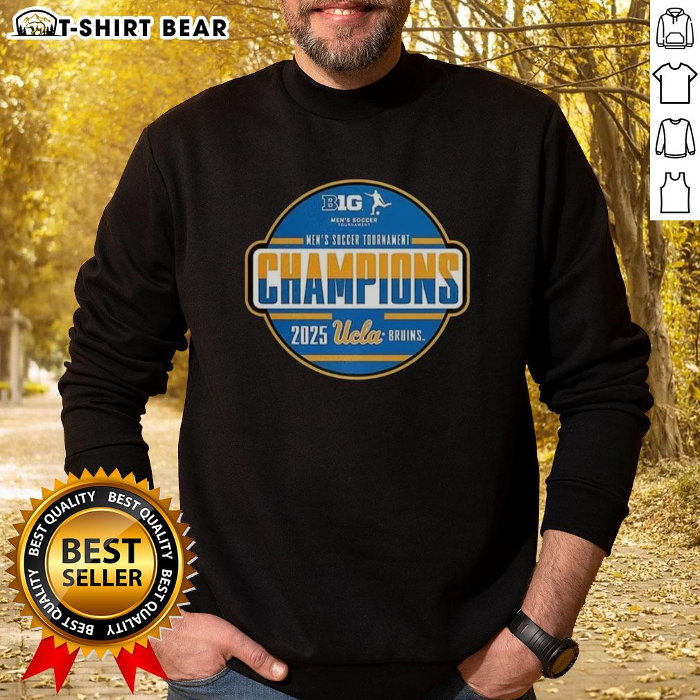 UCLA Big Ten Men's Soccer Tournament Champions 2025 sweatshirt, featuring vibrant team colors and celebratory graphics.