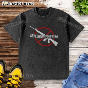 Happy Wehrdienst Verweigern Gun design on a washed T-shirt, showcasing a bold statement for peace and personal choice.