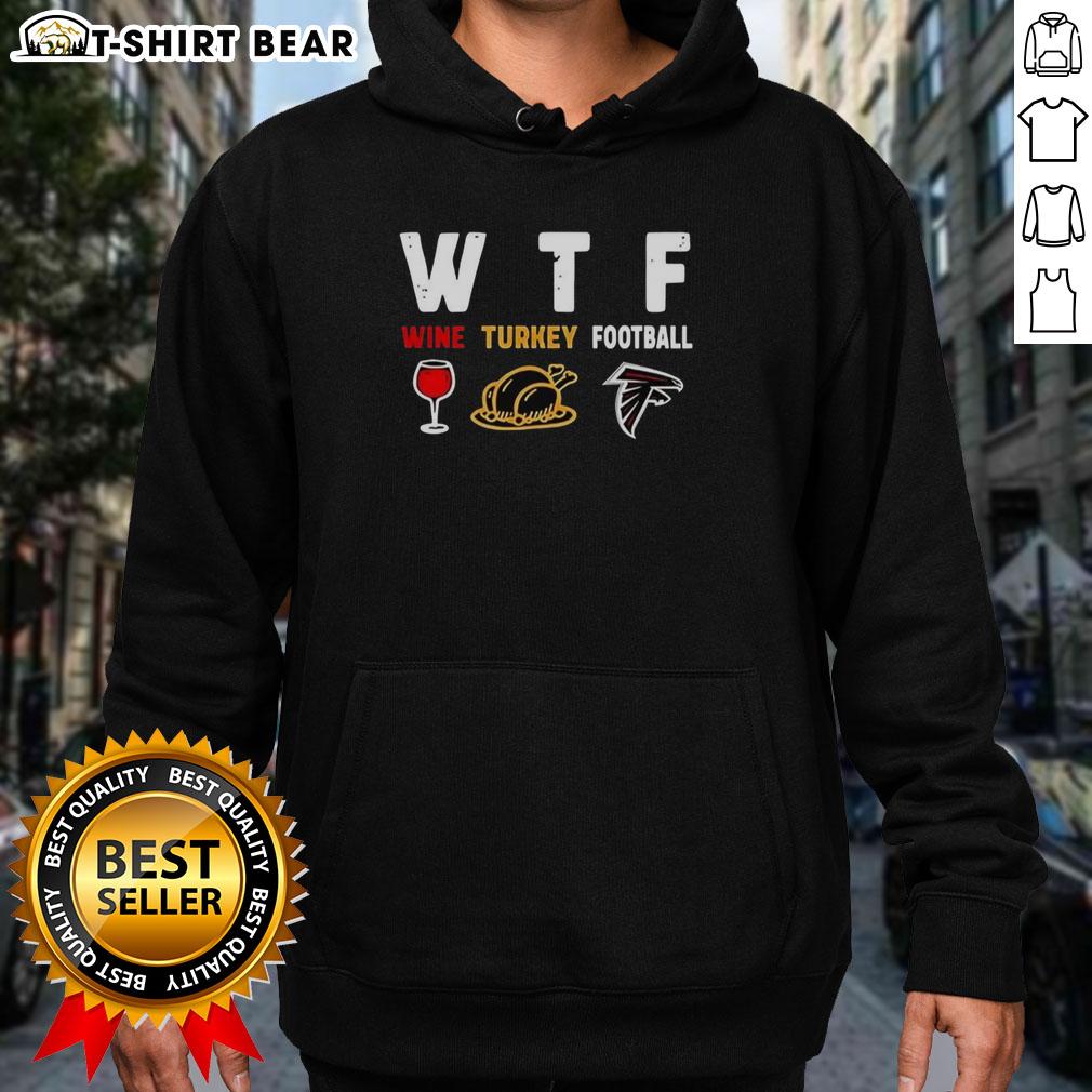 Alt Text: Happy Thanksgiving hoodie featuring Atlanta Falcons logo, perfect for football fans celebrating with wine and turkey.