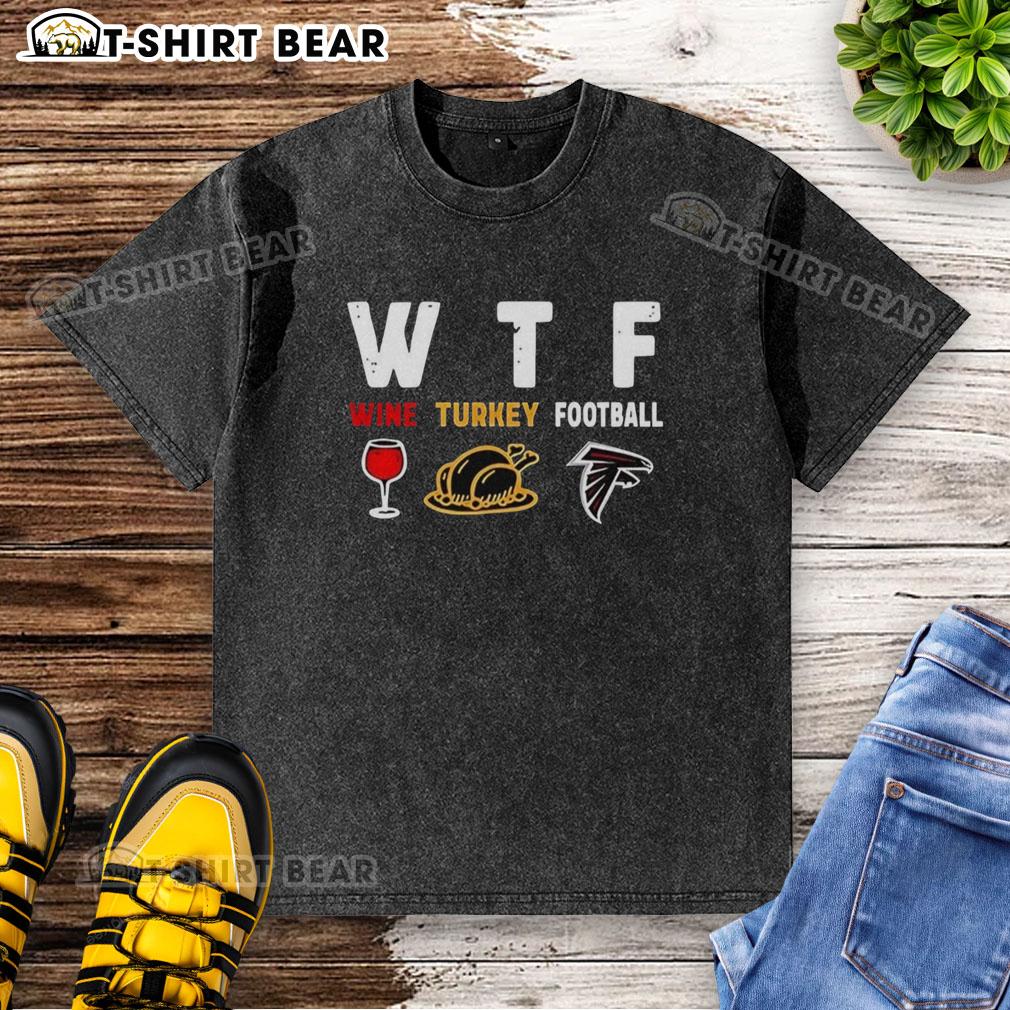 Happy Wine Turkey graphic on Atlanta Falcons Football Thanksgiving washed t-shirt for festive fans.