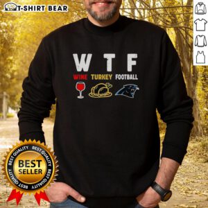 Alt Text: Happy Thanksgiving sweatshirt featuring a turkey and Carolina Panthers logo, perfect for football fans celebrating the holiday.