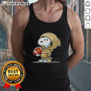 Alt Text: Snoopy in a hoodie smiling at fans, showcasing his New Orleans Saints tank top, perfect for Peanuts merchandise lovers.