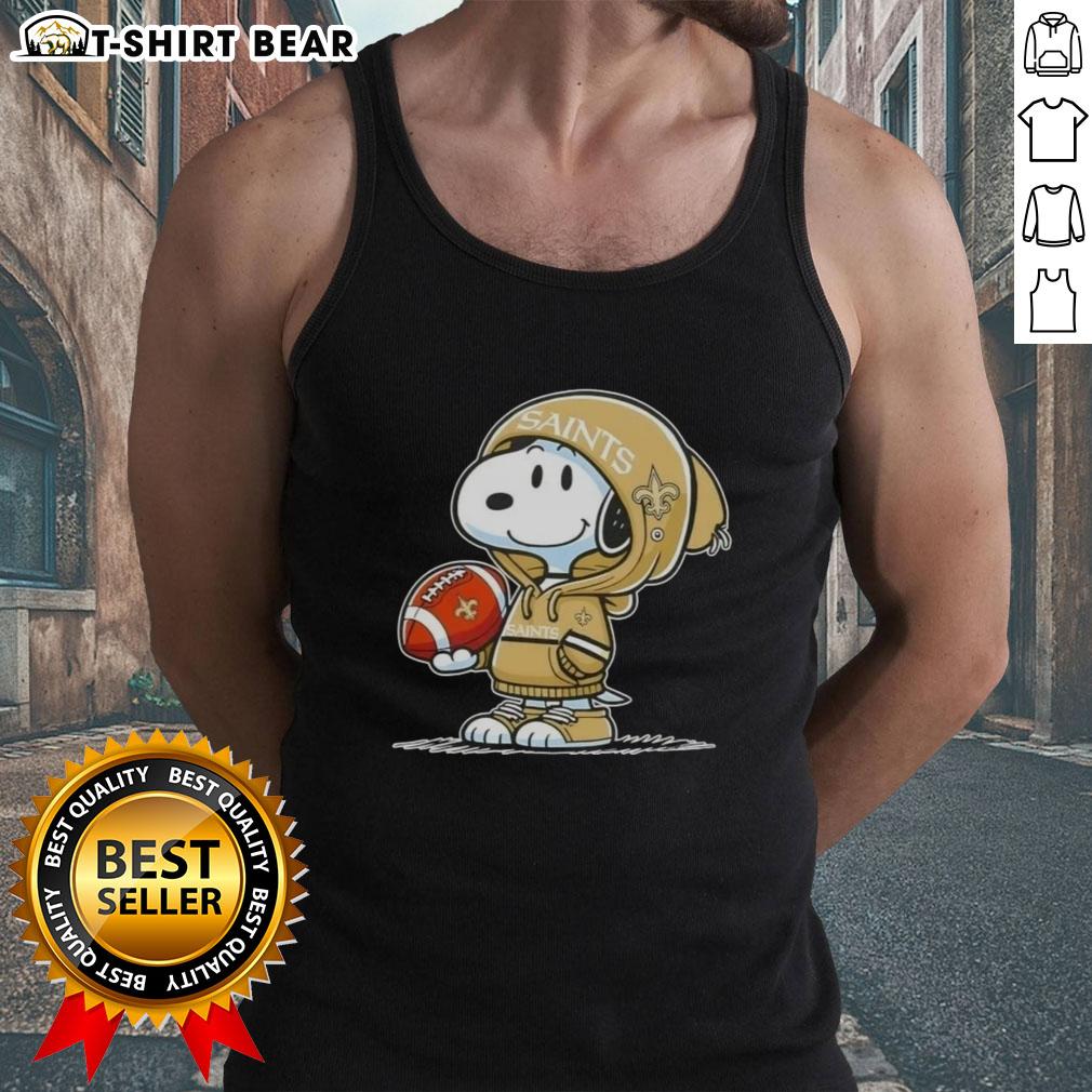 Alt Text: Snoopy in a hoodie smiling at fans, showcasing his New Orleans Saints tank top, perfect for Peanuts merchandise lovers.