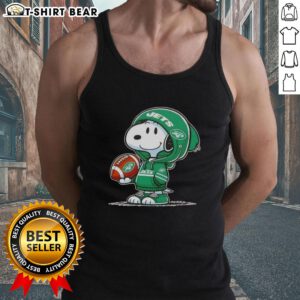Alt Text: Snoopy in a New York Jets hoodie smiles at fans on a tank top, showcasing official Peanuts merchandise.
