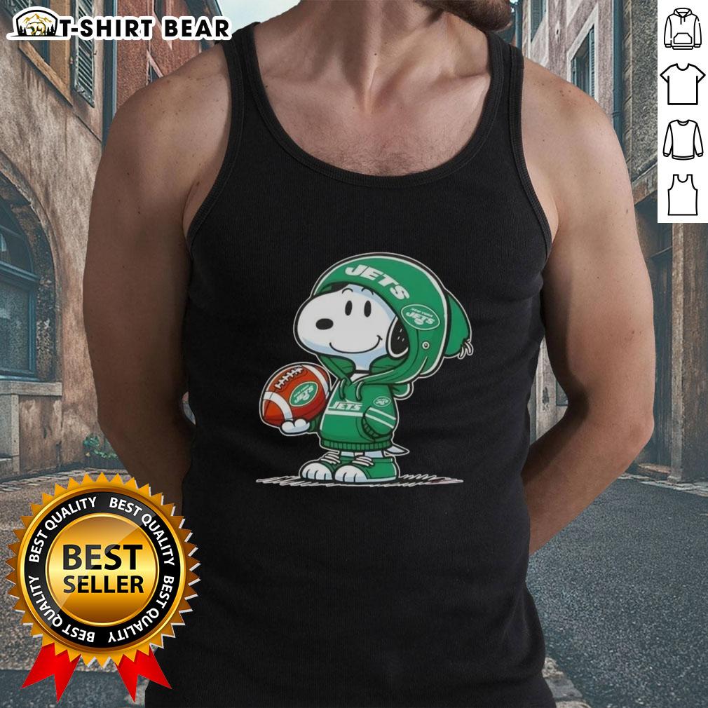 Alt Text: Snoopy in a New York Jets hoodie smiles at fans on a tank top, showcasing official Peanuts merchandise.