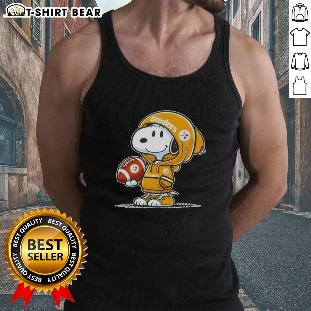 Alt Text: Snoopy in a hoodie supporting the Pittsburgh Steelers, smiling at fans while wearing a tank top. Official Peanuts merchandise.