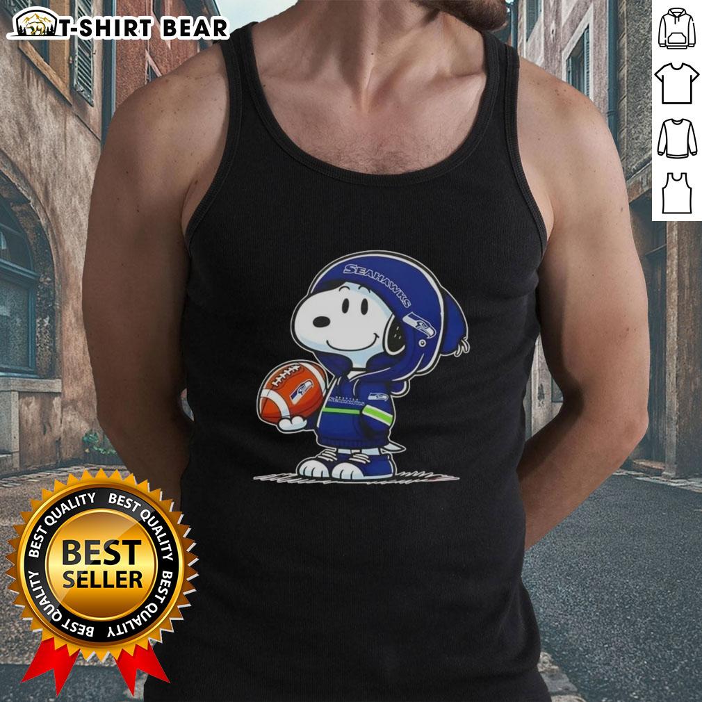 Snoopy in a Seattle Seahawks hoodie smiles at fans, featured on an official Peanuts tank top design.