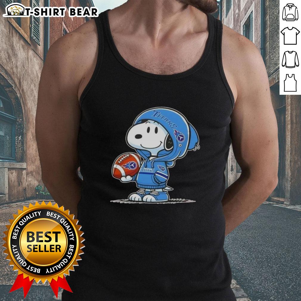 Alt Text: Snoopy in a Tennessee Titans hoodie smiles at fans, showcasing the Official Peanuts Tank Top design.