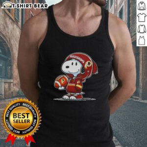 Snoopy in a Washington Commanders hoodie smiles at fans on a tank top, showcasing Peanuts official merchandise.