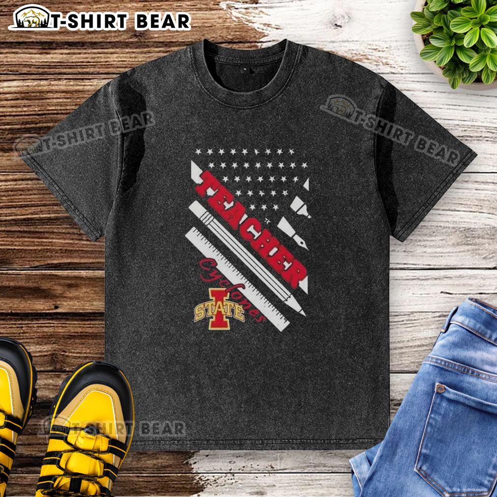 Premium Iowa State Cyclones X Teacher American Flag Washed T-Shirt featuring a stylish design for fans and educators.
