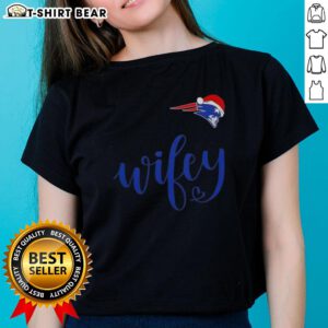 Pretty Wifey New England Patriots Santa Hat Merry Christmas Ladies Tee featuring festive design for holiday cheer.