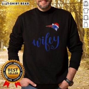 Pretty Wifey New England Patriots Santa Hat Merry Christmas Sweatshirt perfect for festive football fans this holiday season.