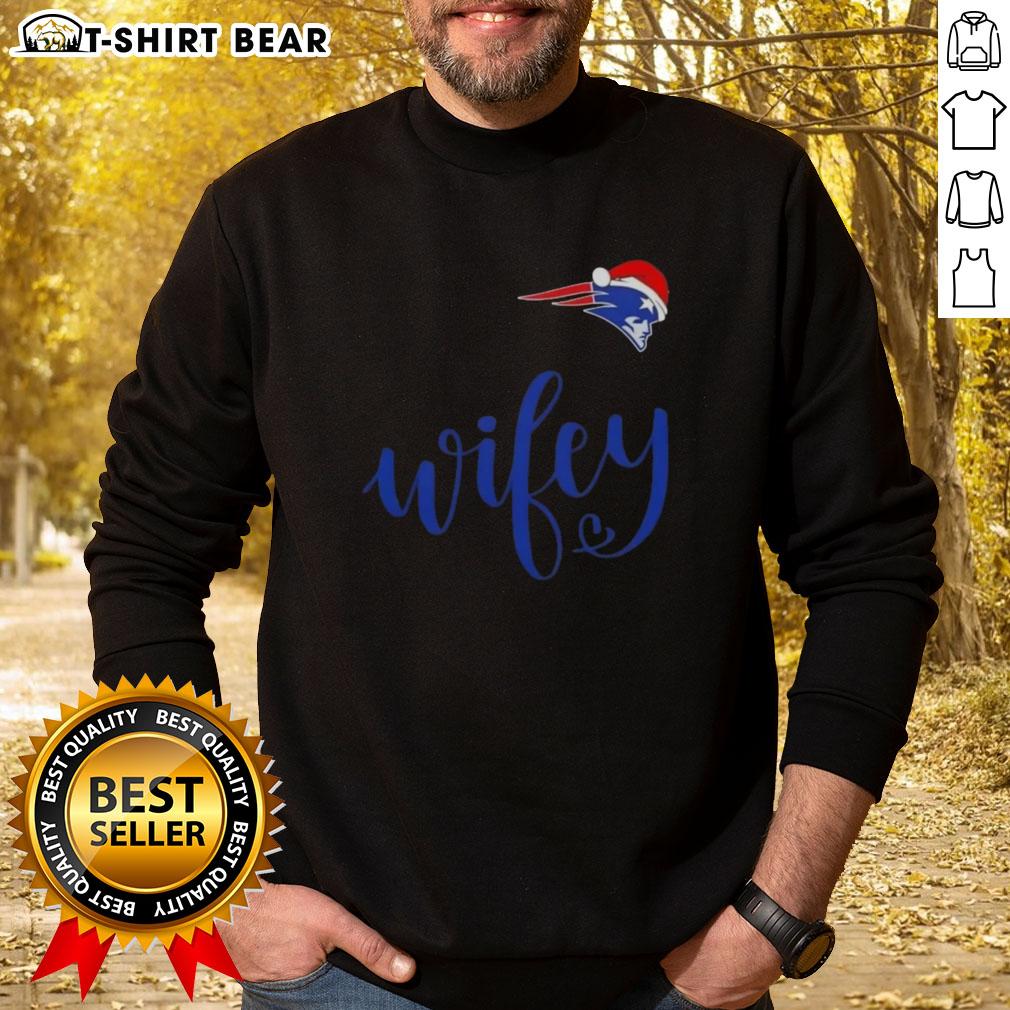 Pretty Wifey New England Patriots Santa Hat Merry Christmas Sweatshirt perfect for festive football fans this holiday season.