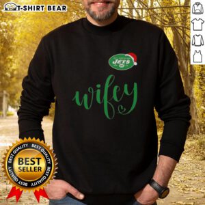 Pretty Wifey New York Jets Santa Hat Merry Christmas Sweatshirt featuring festive design and team logo for holiday cheer.