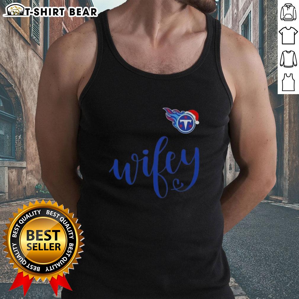 Pretty Wifey Tennessee Titans Santa hat Merry Christmas tank top worn by a woman, showcasing festive team spirit.
