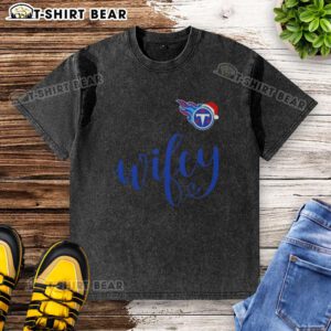 Pretty Wifey Tennessee Titans Santa Hat Merry Christmas washed t-shirt in festive holiday colors and design.