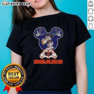 Alt Text: Chicago Bears football ladies tee featuring top Mickey hands forming a heart design, perfect for fans.