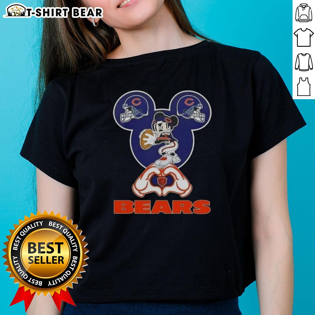 Alt Text: Chicago Bears football ladies tee featuring top Mickey hands forming a heart design, perfect for fans.
