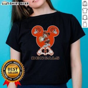 Top Mickey hands forming a heart on a Cincinnati Bengals football ladies tee, perfect for fans.