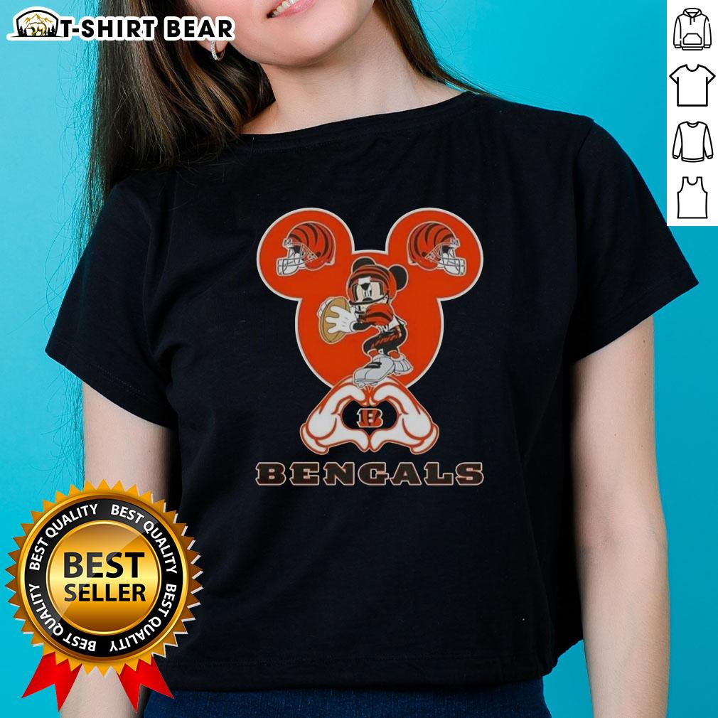 Top Mickey Hands Heart Cincinnati Bengals Football Ladies Tee Top Mickey hands forming a heart on a Cincinnati Bengals football ladies tee, perfect for fans.