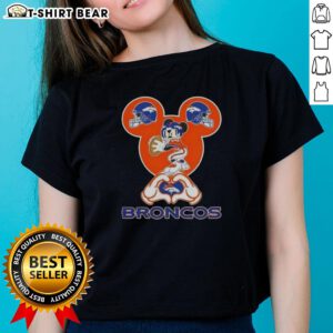 Alt Text: Denver Broncos football ladies tee featuring top Mickey hands making a heart shape, perfect for fans.