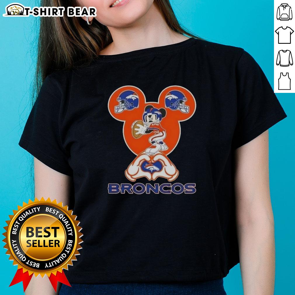Alt Text: Denver Broncos football ladies tee featuring top Mickey hands making a heart shape, perfect for fans.