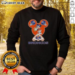 Top Mickey Hands Heart Denver Broncos Football Sweatshirt design featuring a playful Mickey Mouse graphic.
