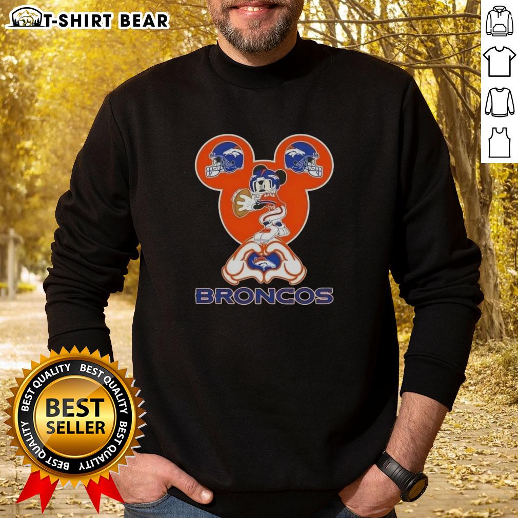 Top Mickey Hands Heart Denver Broncos Football Sweatshirt design featuring a playful Mickey Mouse graphic.