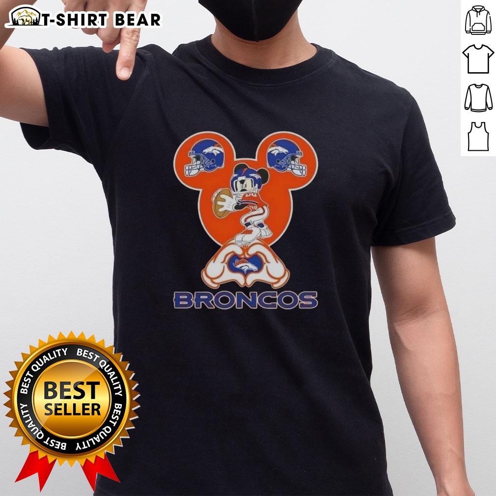 Top Mickey Hands Heart Denver Broncos football t-shirt featuring a playful design perfect for fans and game days.