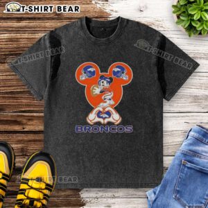 Top Mickey Hands Heart Denver Broncos football washed t-shirt featuring a playful design for fans.