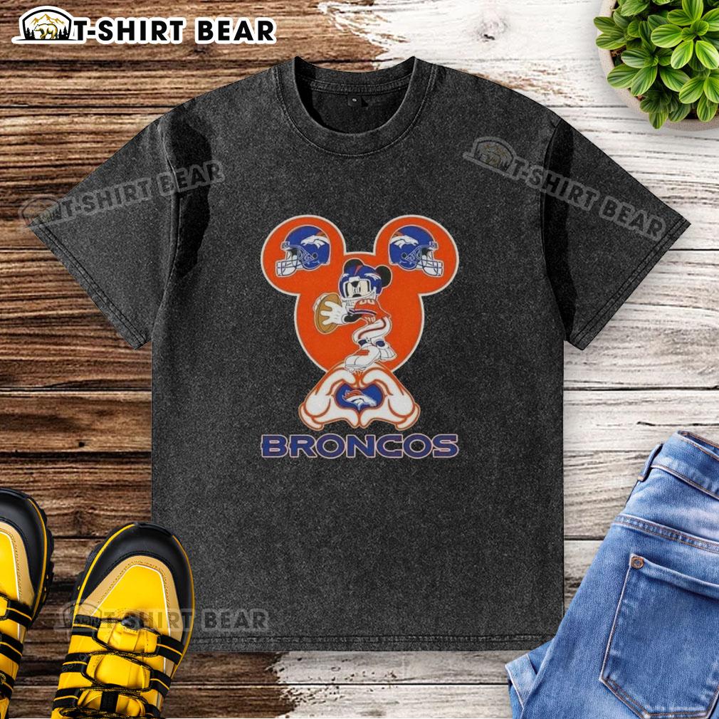 Top Mickey Hands Heart Denver Broncos football washed t-shirt featuring a playful design for fans.