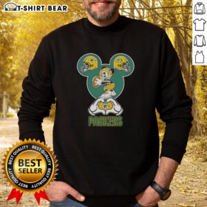 Alt Text: Green Bay Packers sweatshirt featuring top Mickey hands forming a heart, perfect for football fans.