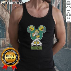 Alt Text: Top Mickey Hands Heart Green Bay Packers Football Tank Top featuring a playful design for fans.
