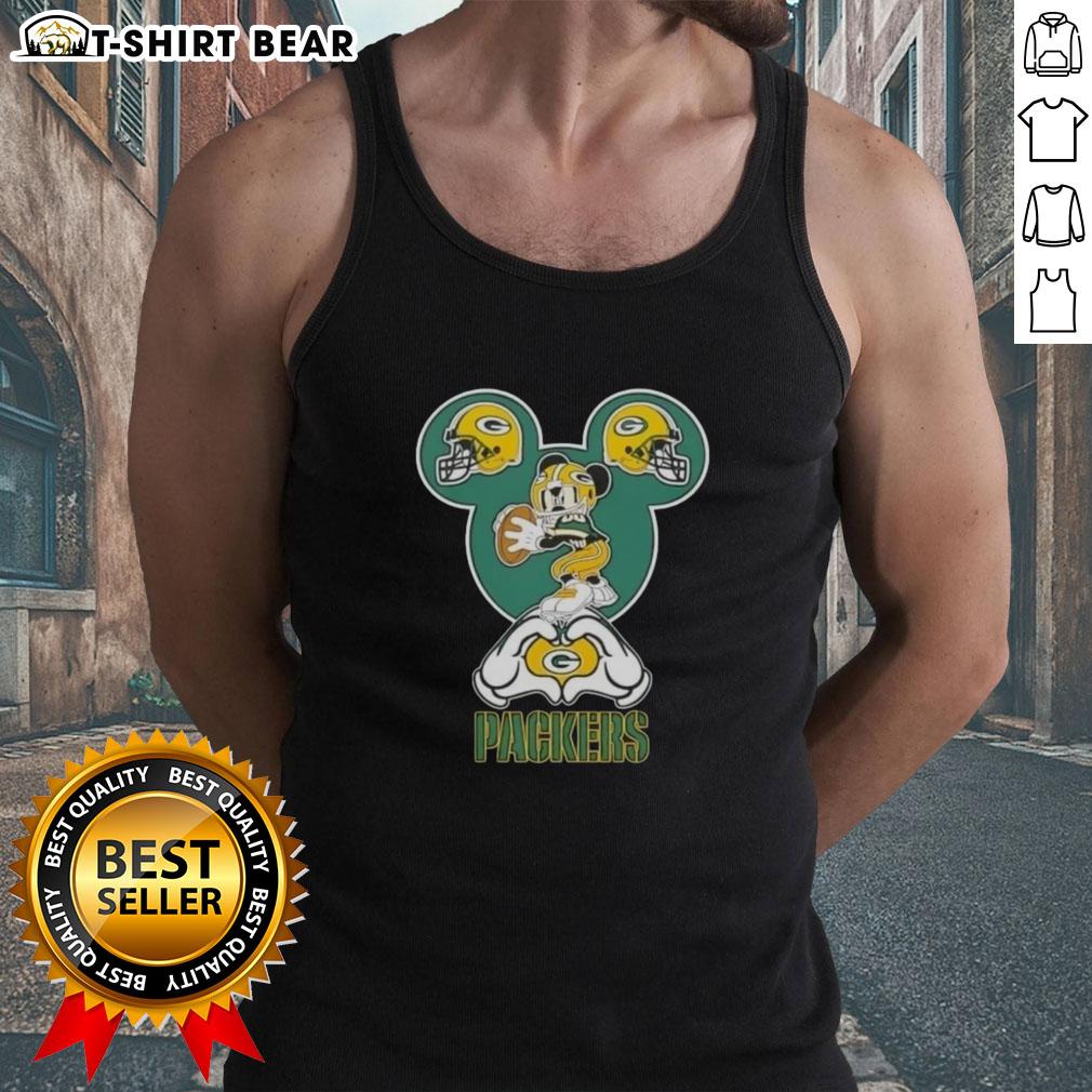 Alt Text: Top Mickey Hands Heart Green Bay Packers Football Tank Top featuring a playful design for fans.
