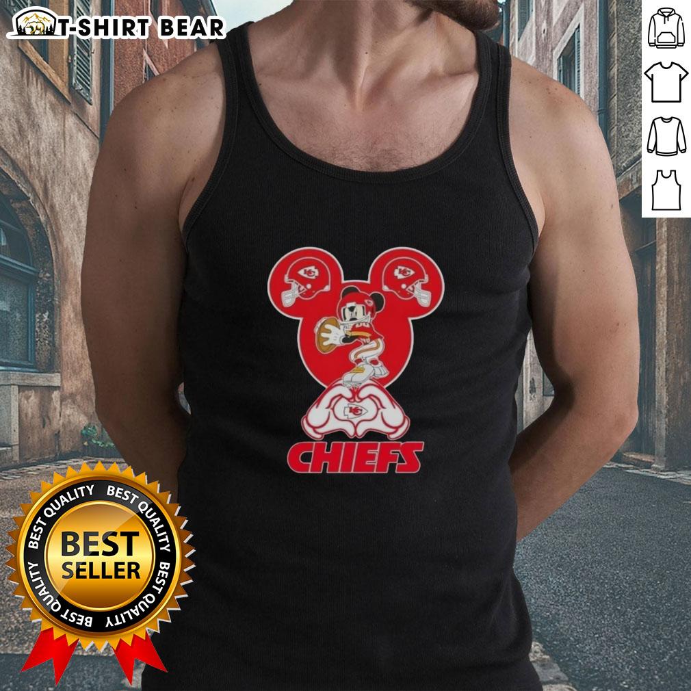 Alt Text: Kansas City Chiefs football tank top featuring Top Mickey hands forming a heart design, perfect for fans.