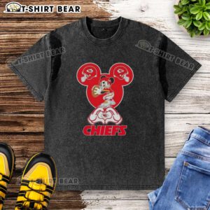 Top Mickey Hands Heart Kansas City Chiefs Football washed t-shirt design, perfect for fans of the NFL and stylish game day wear.