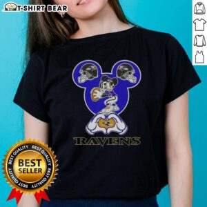 Top Mickey hands forming a heart, featuring Baltimore Ravens logo on a ladies tee, perfect for football fans.