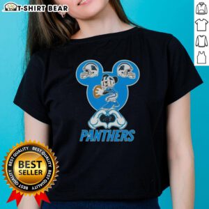Carolina Panthers ladies tee featuring Mickey hands forming a heart, perfect for football fans and Disney lovers.