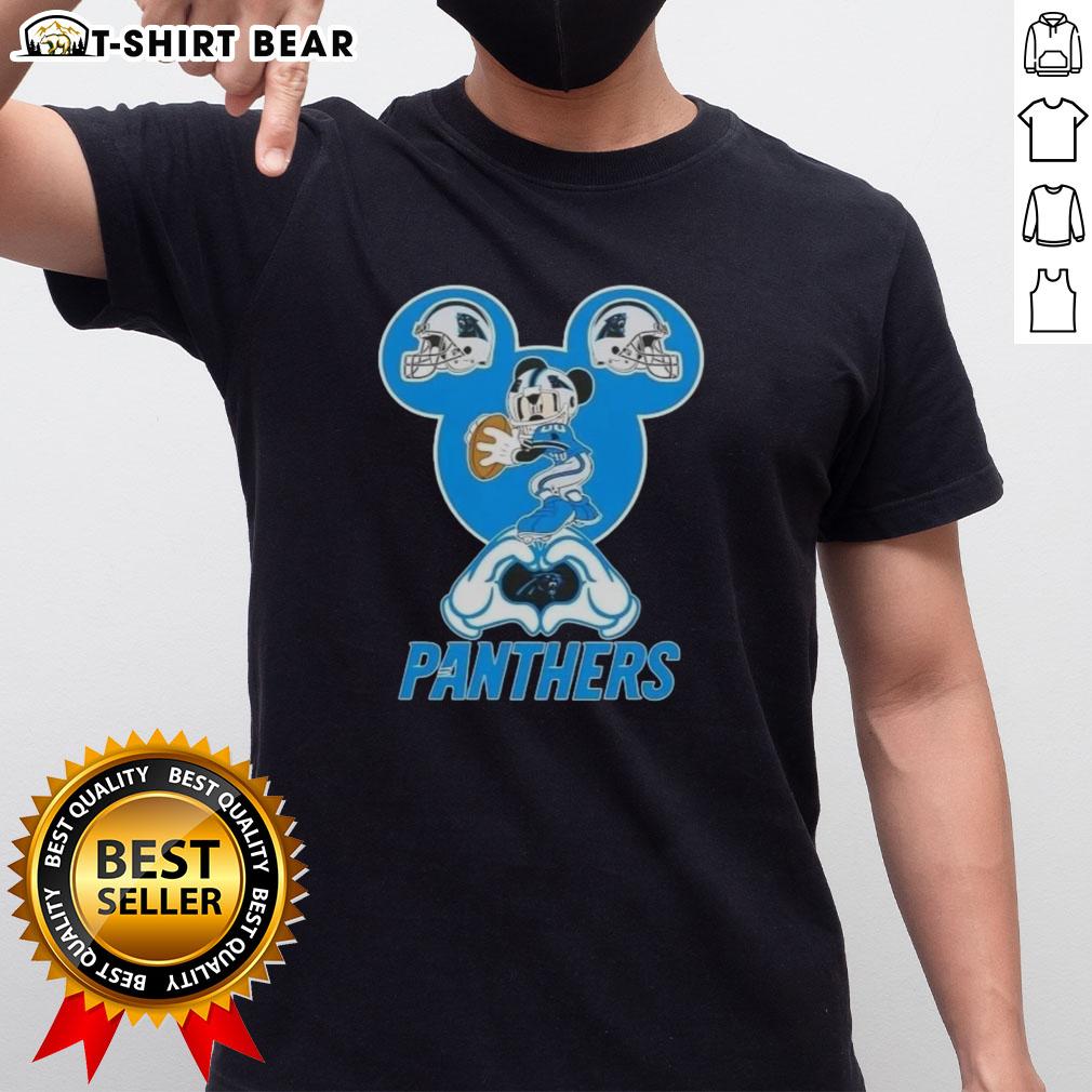 Top Mickey Hands Heart Love graphic on Carolina Panthers Football T-Shirt, perfect for fans and Disney lovers.