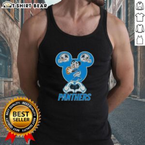 Carolina Panthers football tank top featuring Mickey hands forming a heart, perfect for fans showcasing love for the team.
