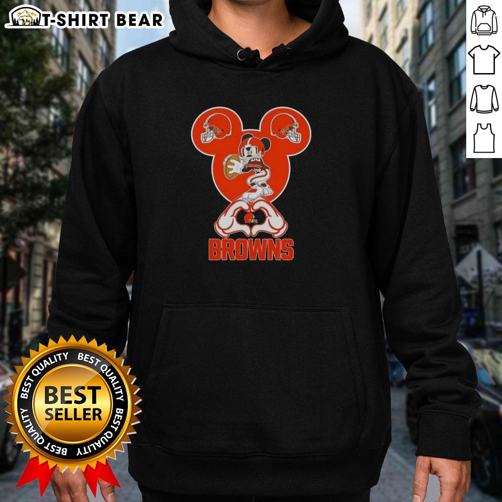 Top Mickey hands forming a heart on Cleveland Browns football hoodie, perfect for fans and cozy game days.