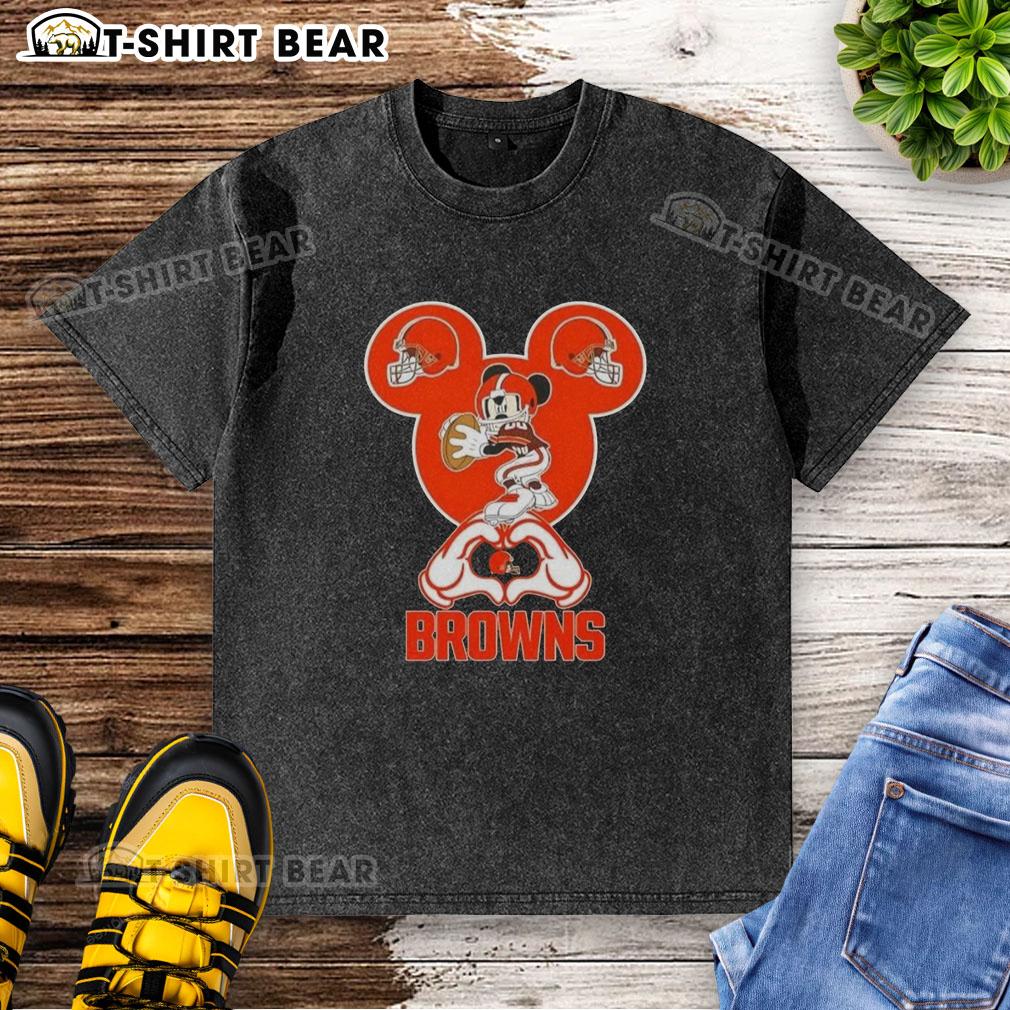 Top Mickey hands forming a heart, Cleveland Browns football washed t-shirt design, perfect for fans and casual wear.