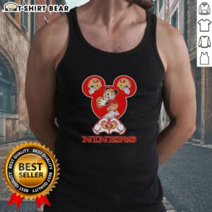 Top Mickey hands forming a heart on a San Francisco 49ers football tank top, perfect for fans and casual wear.