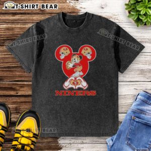 San Francisco 49ers football washed t-shirt featuring Mickey hands making a heart shape, perfect for fans and collectors.