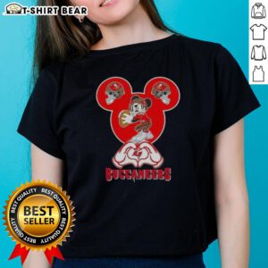 Top Mickey hands forming a heart on a Tampa Bay Buccaneers football ladies tee, showcasing team spirit and love.